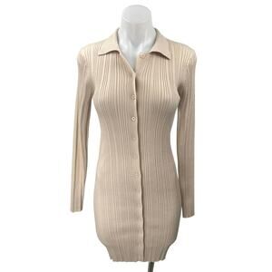 NEW Et Clet Tan Rib Knit Long Sleeve Button Down Mini Shirt Sweater Dress Size M